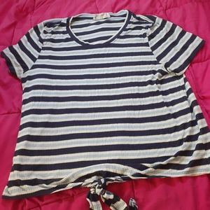 Dark and Light Blue, Green and White Striped Short Sleeve Shirt